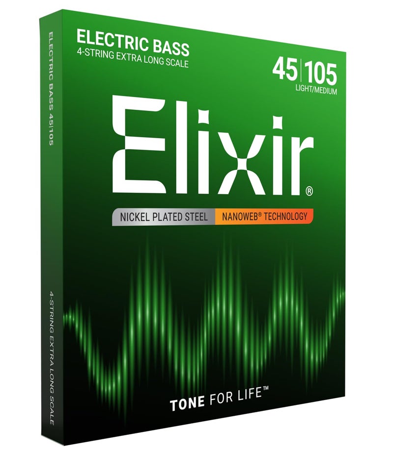 ELIXIR أوتار إلكسير مصنوعة من الفولاذ المطلي بالنيكل 4 أوتار بيز مع طلاء NANOWEB، مقياس طويل جداً، خفيف/متوسط (.045-.105) - Image 1